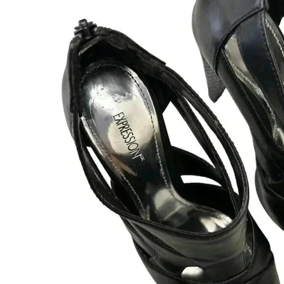 Expression Chunky Platform Caged High Heel Y2K Shoes Black Faux Leather Size 7 - Picture 12 of 16